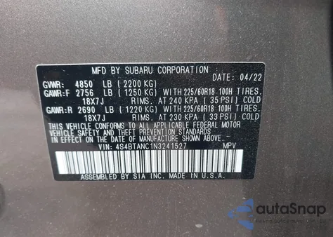 2022 Subaru Outback Limited from USA, damaged, VIN 4S4BTANC1N3241527